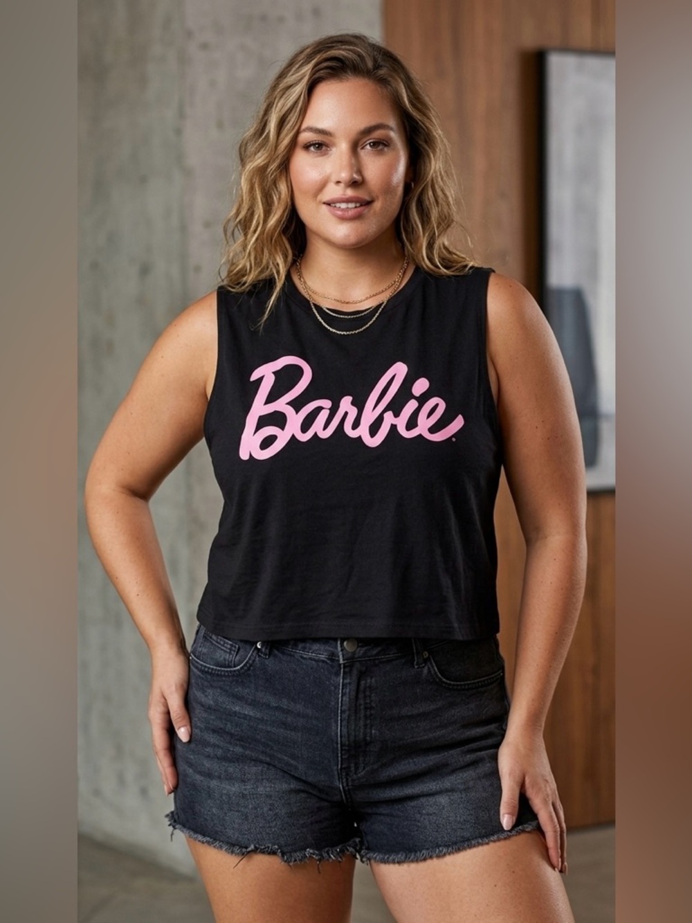 Barbie Black Crop Tank with Pin Script Logo